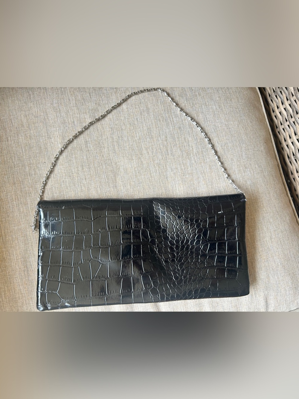 Black Croc-Embossed Clutch with Silver Chain Strap